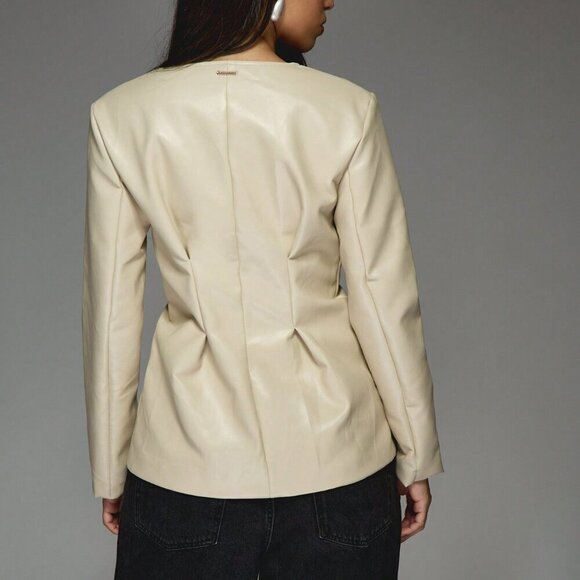 Apricot Elegant Women's Woven Fabric Buttoned Collarless Pintuck Long Coat - Picture 2 of 7